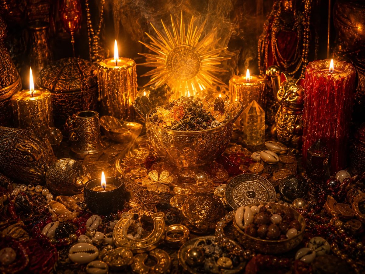 Altar of fortune: a golden sun, coins and crystals in candlelight