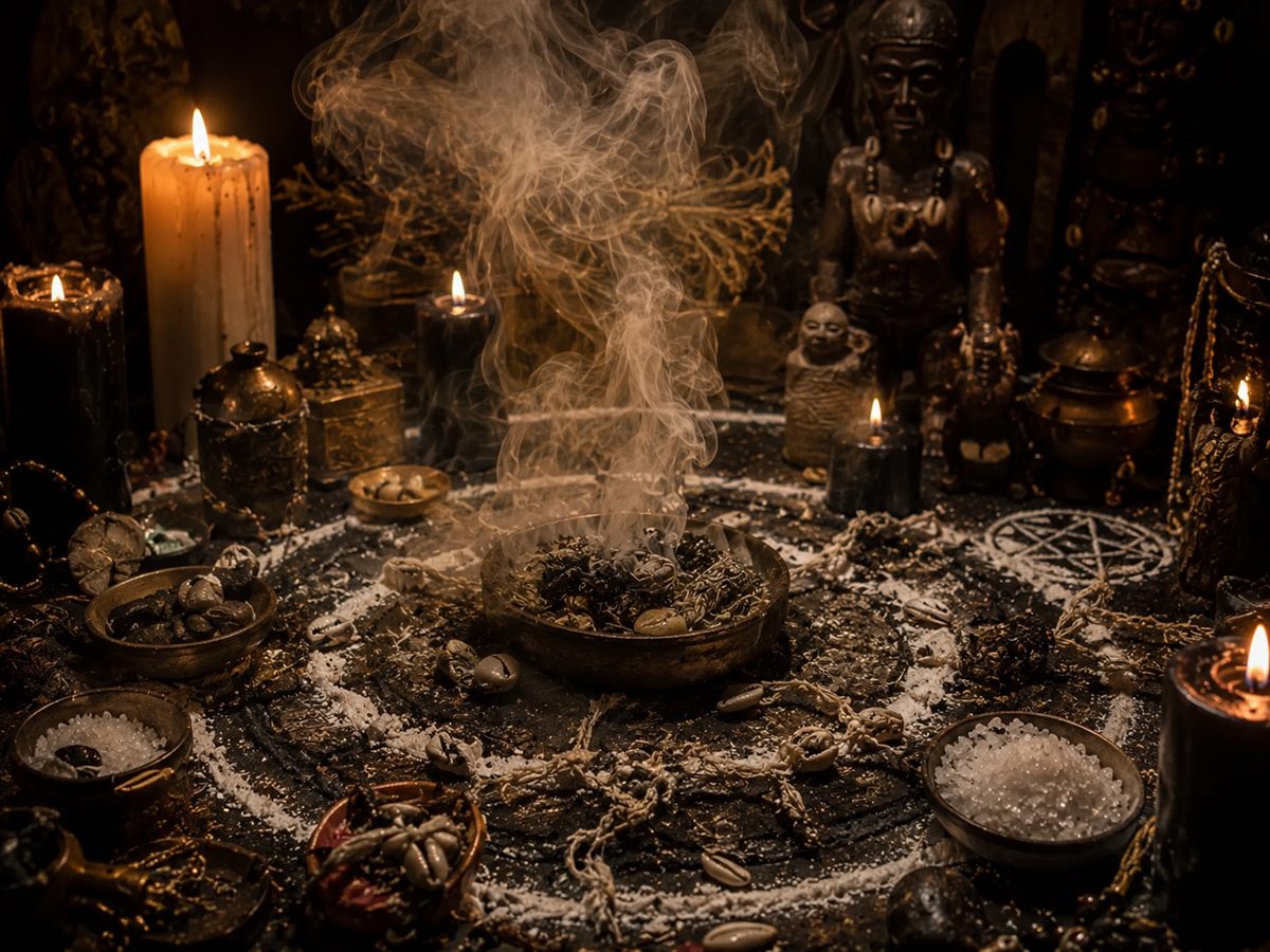 Curse-breaking ritual: a smoking brazier ringed with salt and crystals