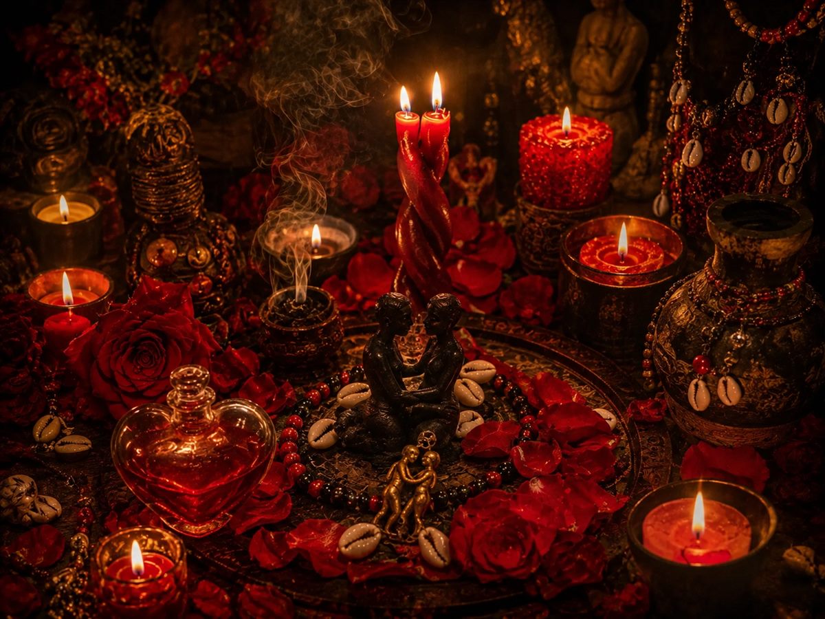 Reconciliation altar: red candles, roses and a heart-shaped flask