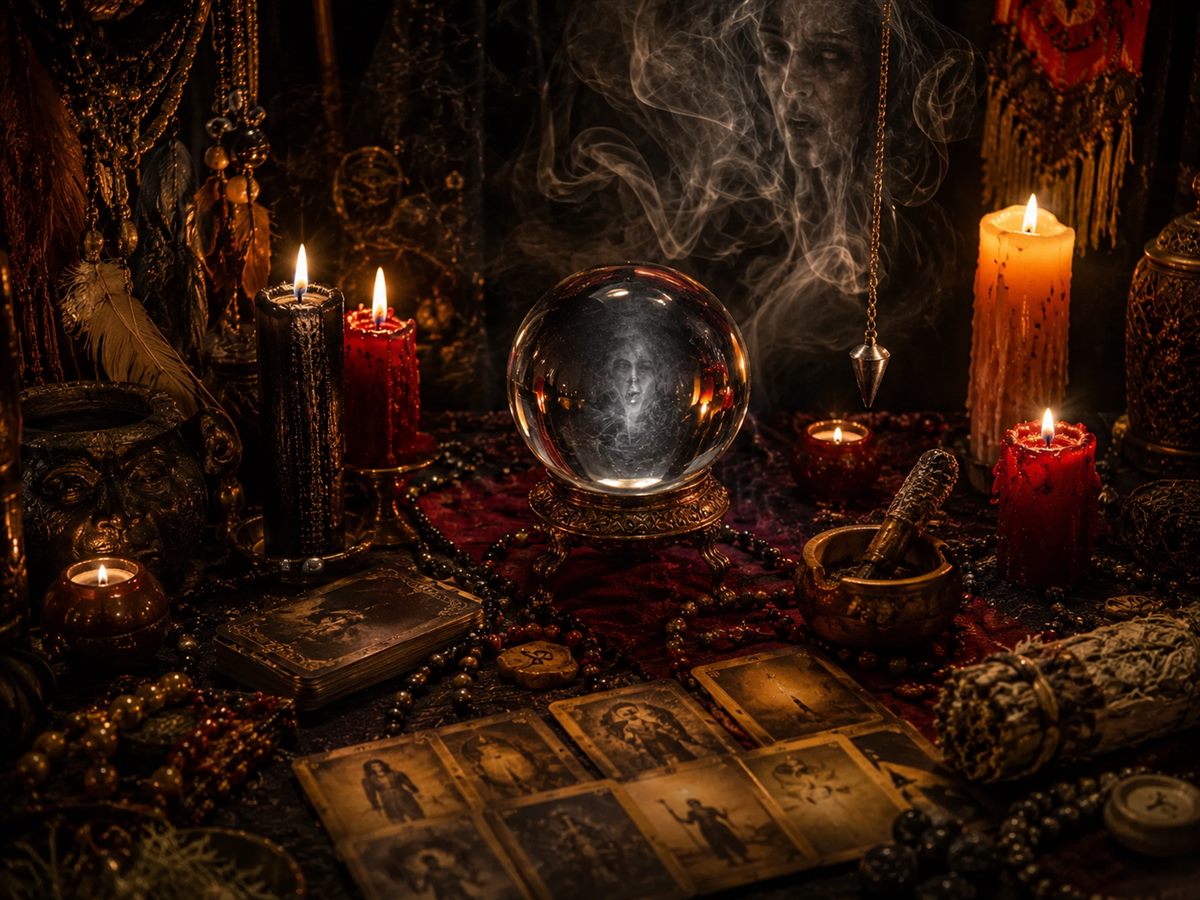 Crystal ball and pendulum on a reading table